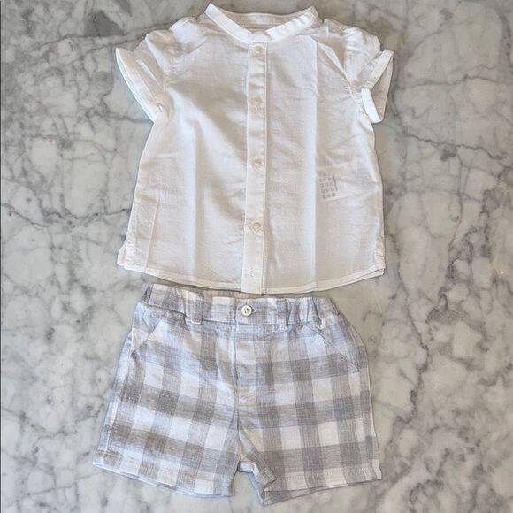 Mayoral Baby White & Gray Plaid Outfit 6/9M